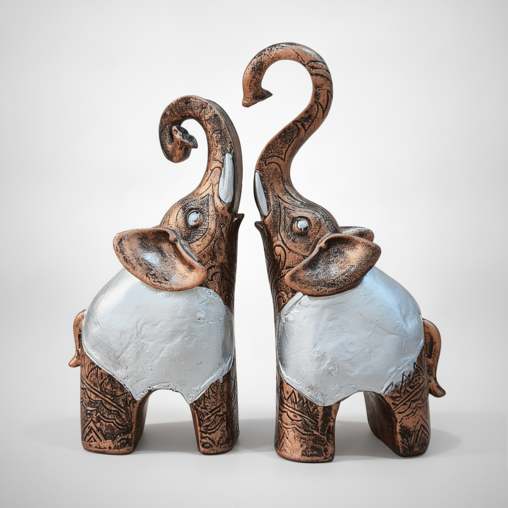 Elephant Pair Figurine Set – Copper & Silver, 8.5"