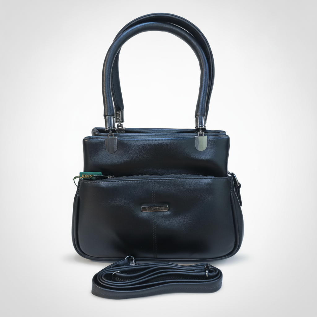 Classic Black Leather Structured Handbag with Shoulder Strap