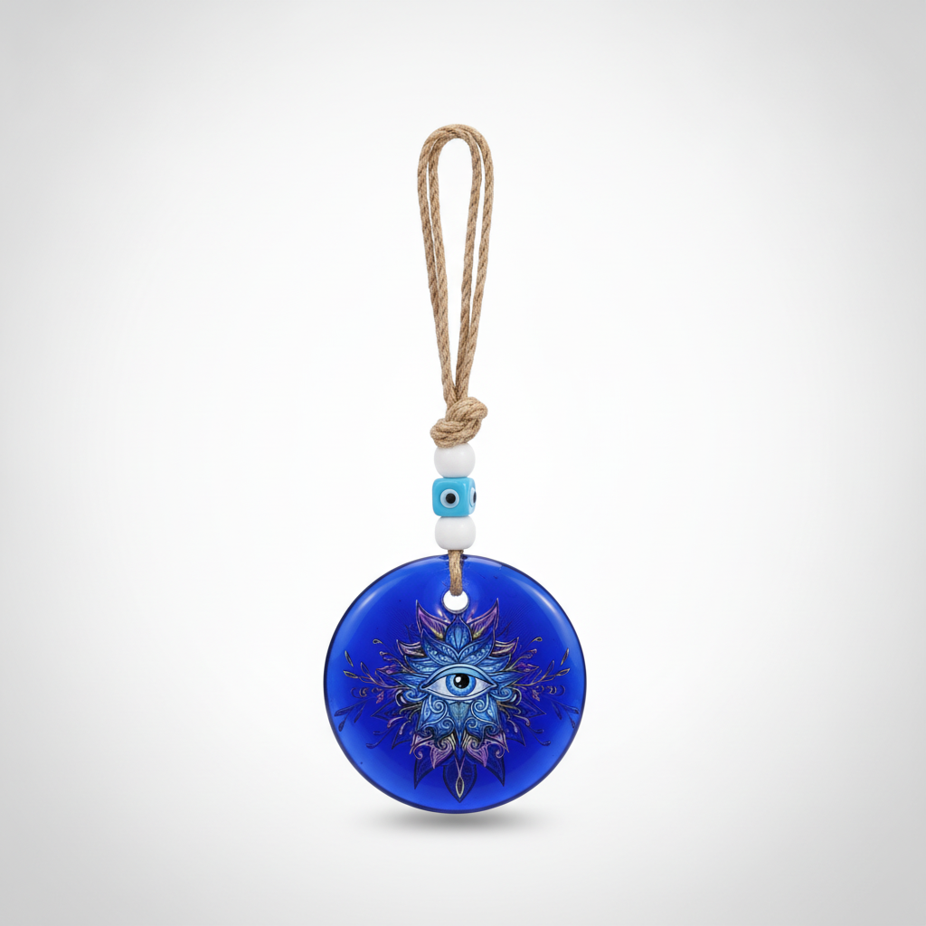 Evil Eye Glass Wall Hanging with Jute Cord & Beads