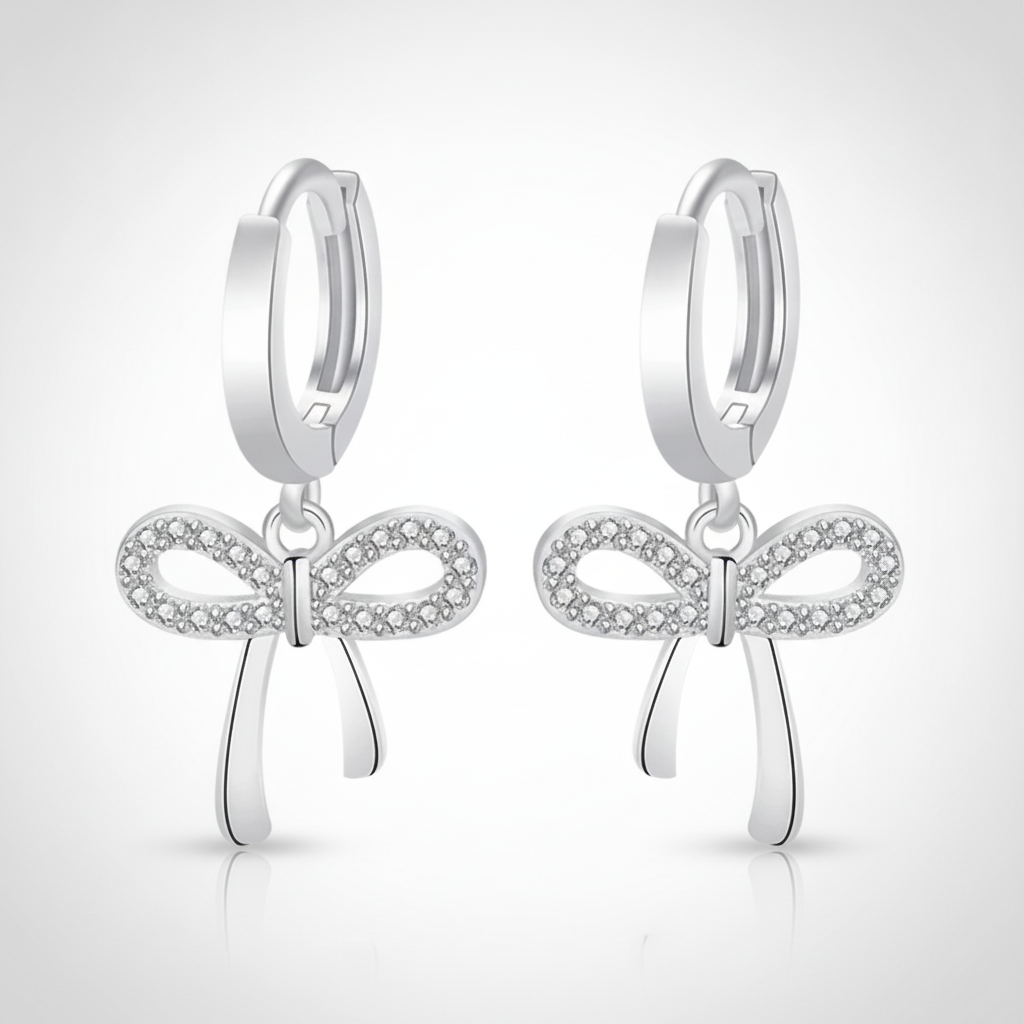 Silver Crystal Bow Huggie Hoop Drop Earrings
