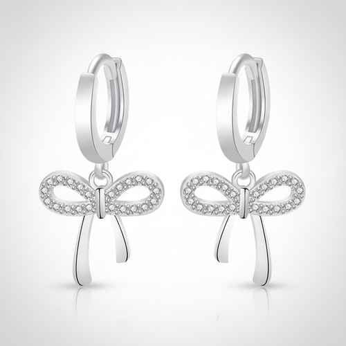 Silver Crystal Bow Huggie Hoop Drop Earrings
