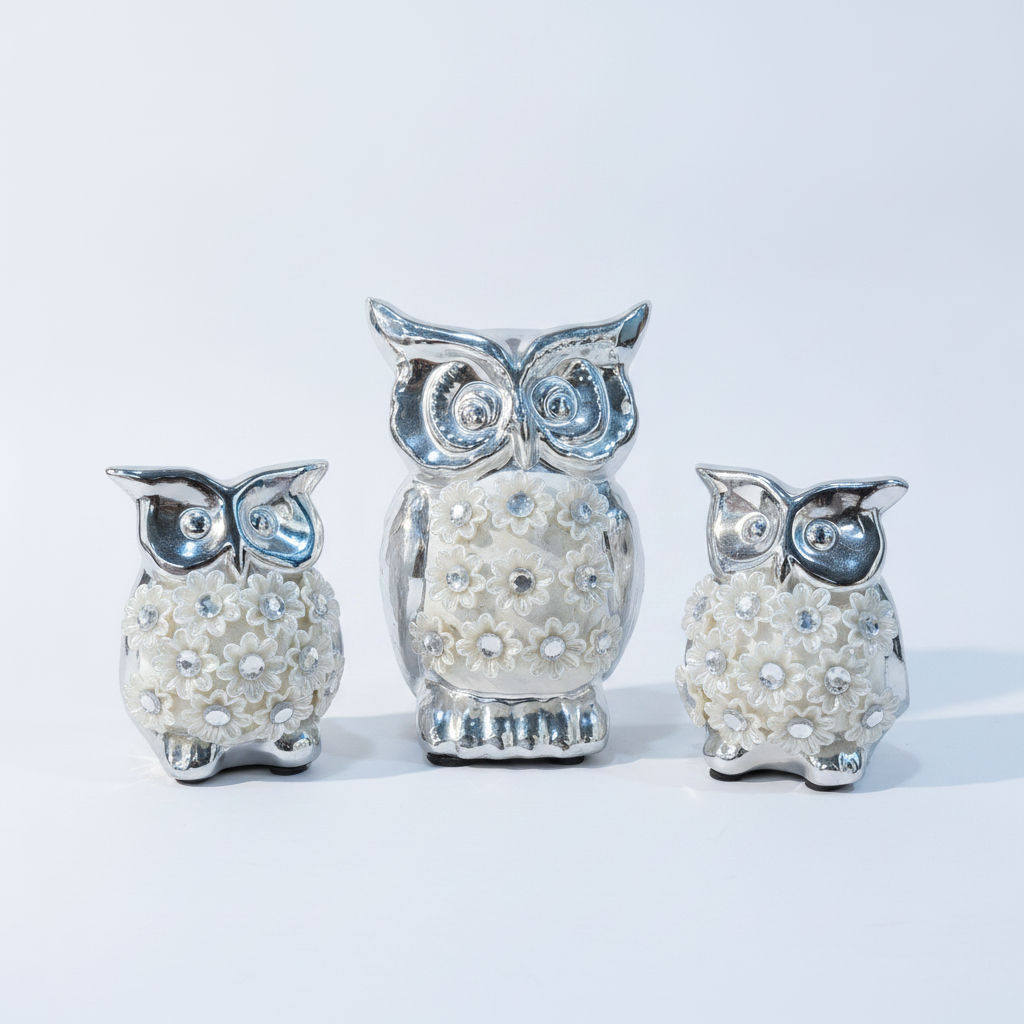 Silver Owl Figurine Set of 3 – Floral Embossed Décor
