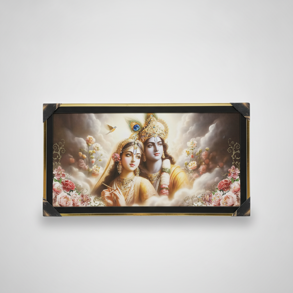 Radha Krishna Framed Wall Art with Floral Embellishments