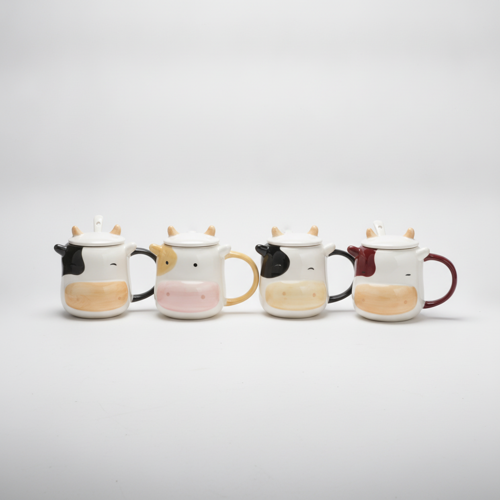 Cute Cow Ceramic Mug with Lid & Spoon – 4 Colors