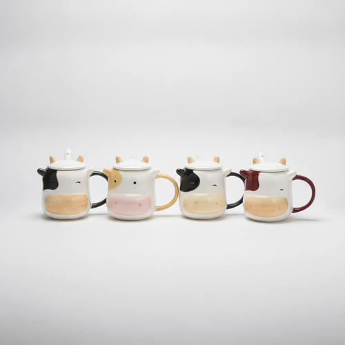 Cute Cow Ceramic Mug with Lid & Spoon – 4 Colors