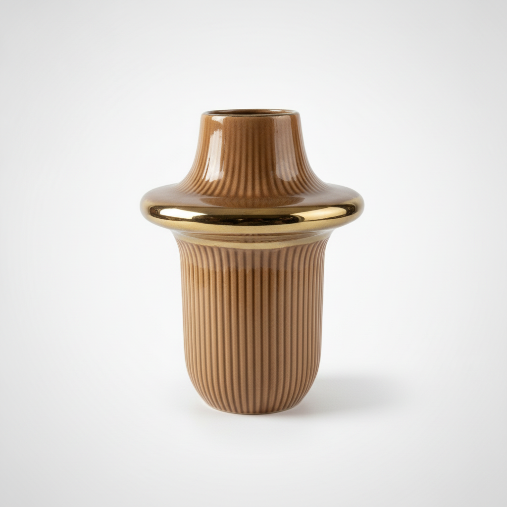 Ribbed Glass Vase with Flared Rim – Warm Amber Brown