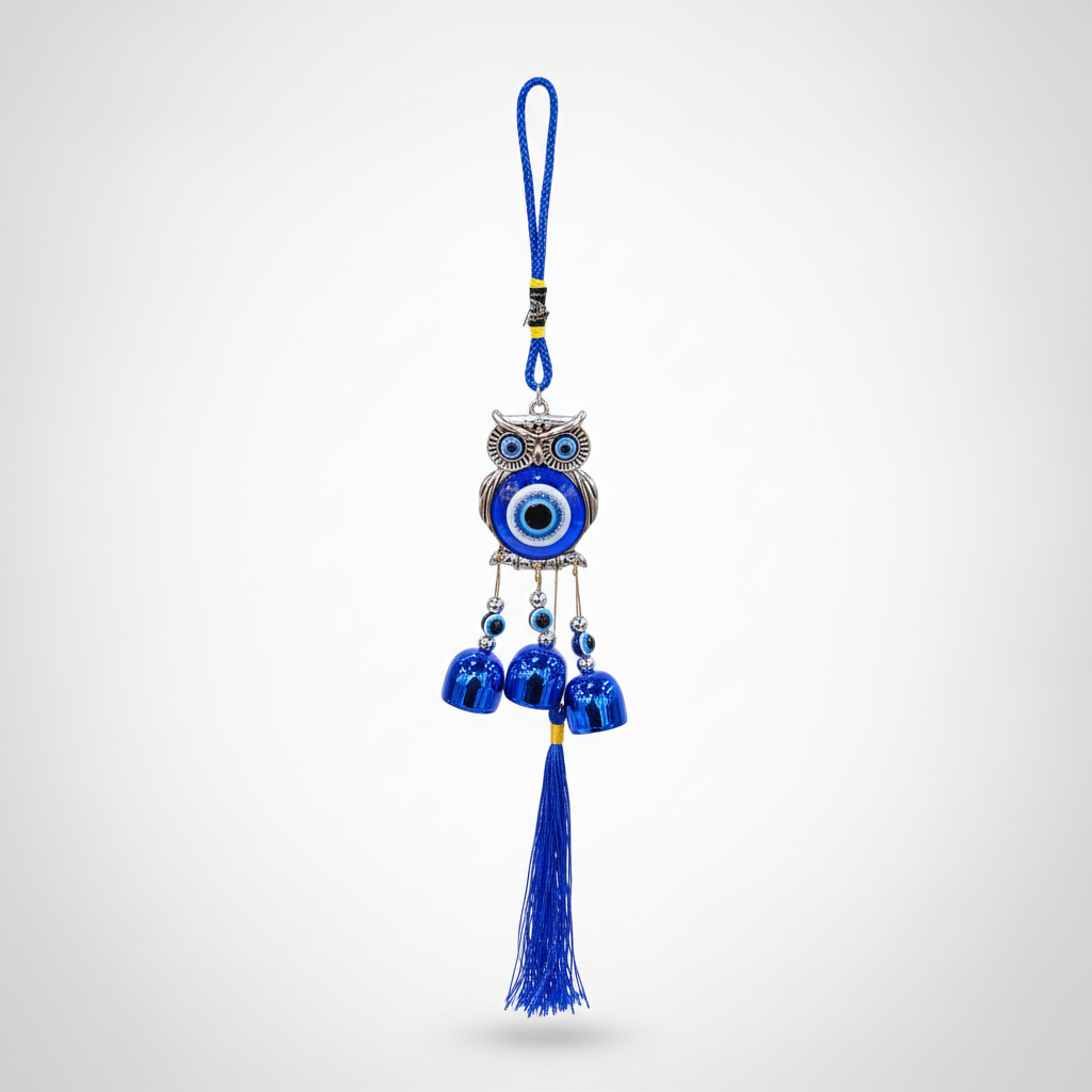 Evil Eye Owl Hanging Charm with Bells & Blue Tassel