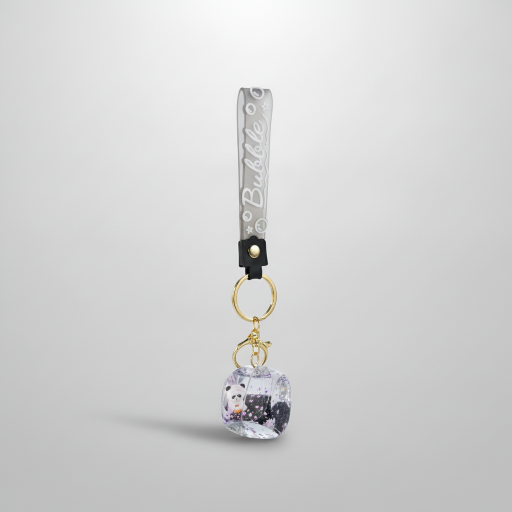 Bubble Panda Glitter Cube Keychain with Wrist Strap