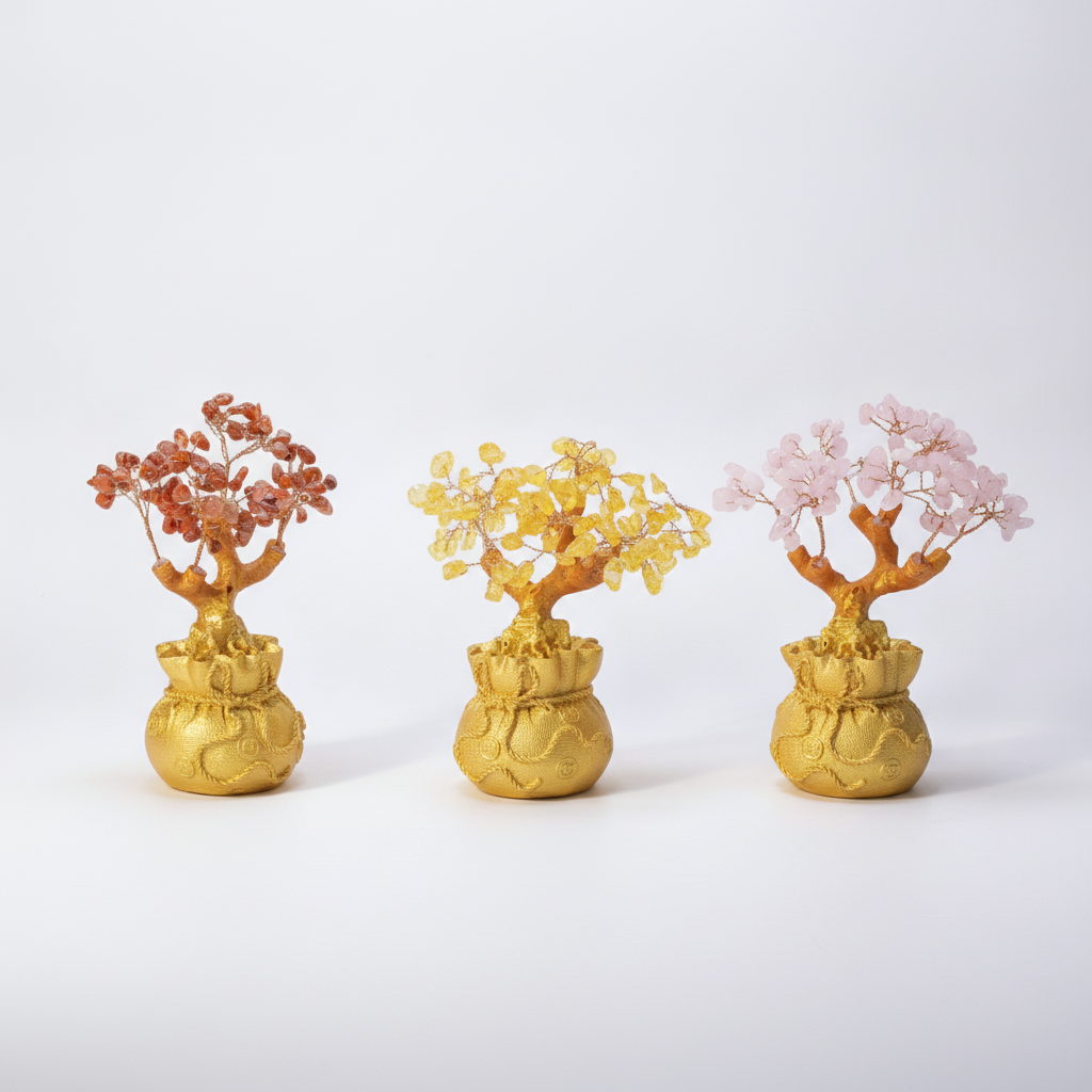 Crystal Gemstone Money Tree on Gold Fortune Bag