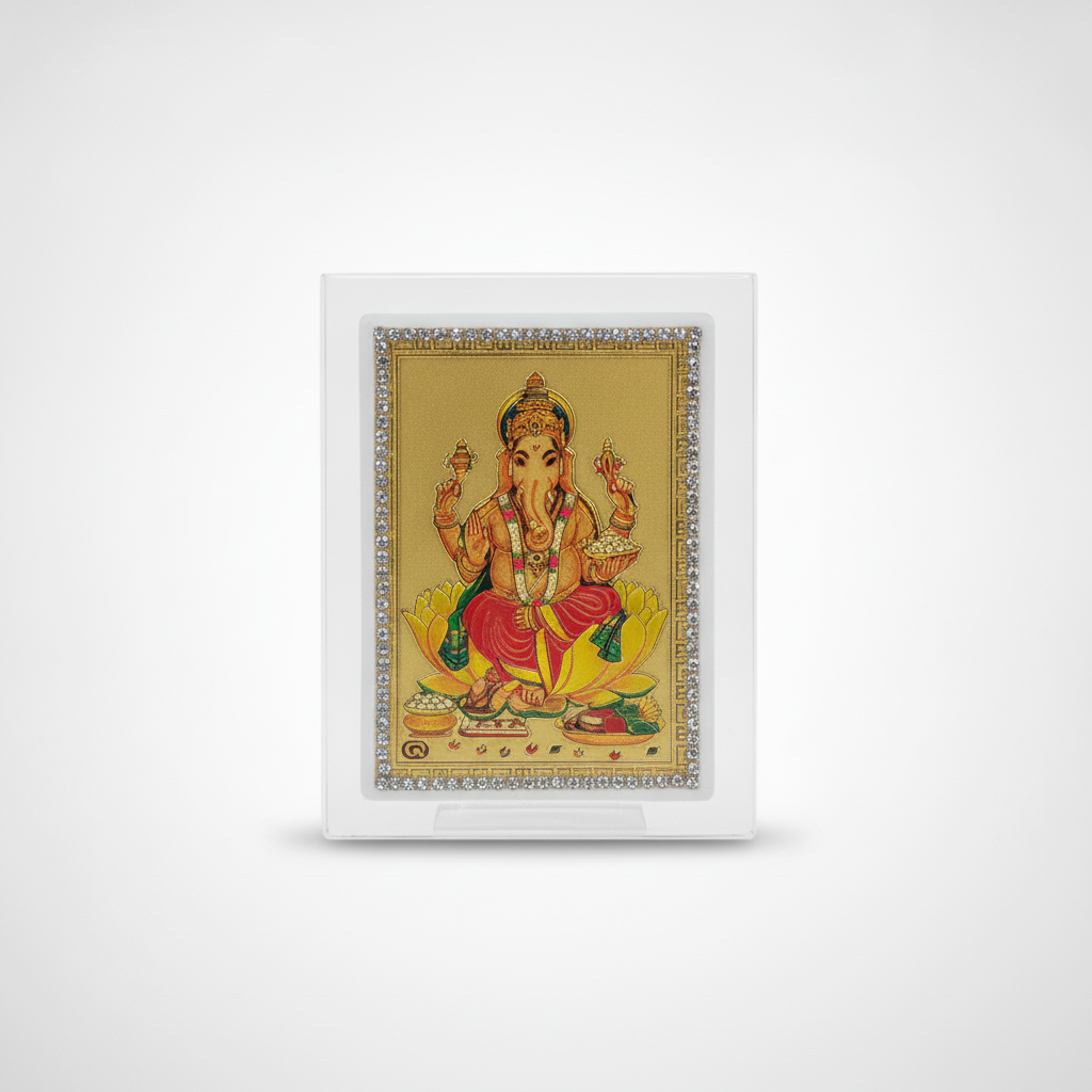 Ganesh Ji Gold Foil Frame with Crystal Border & Acrylic Case