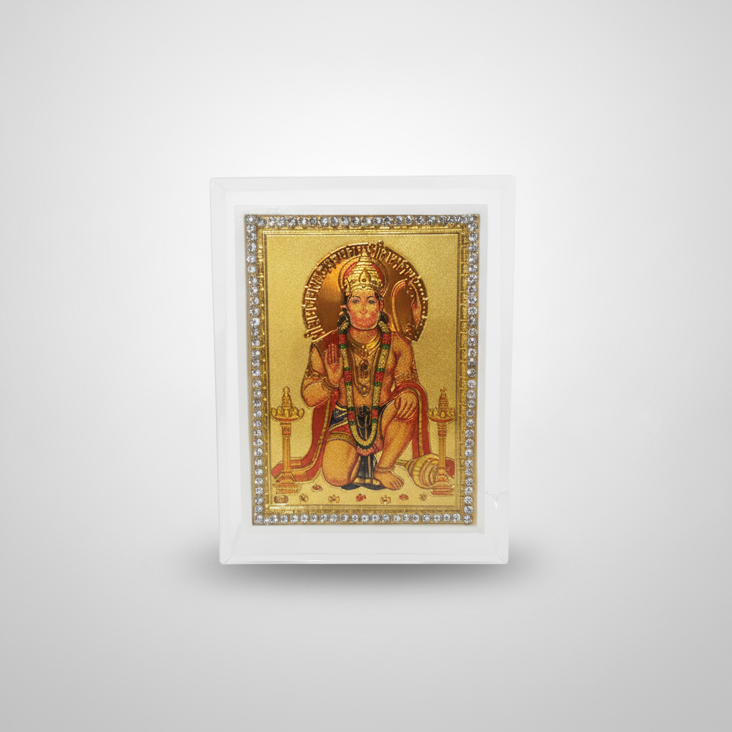 Lord Hanuman Gold Foil Photo Frame with Crystal Border