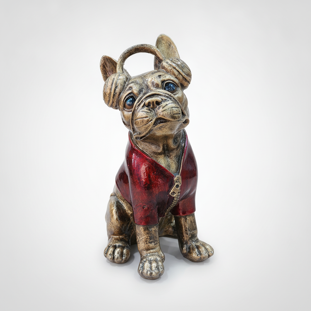 Antique Gold Bulldog Figurine with Red Jacket & Headphones
