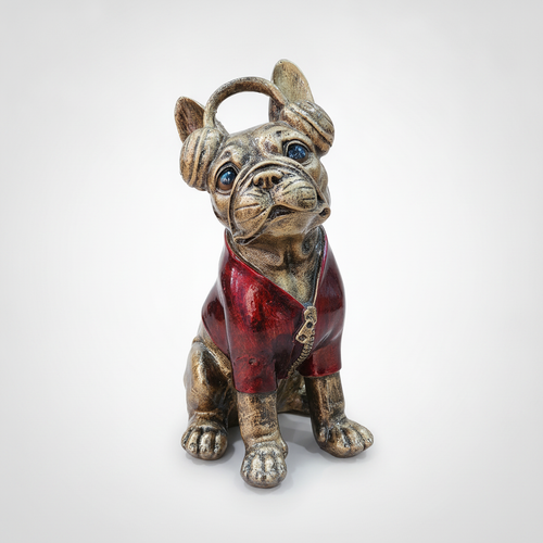 Antique Gold Bulldog Figurine with Red Jacket & Headphones
