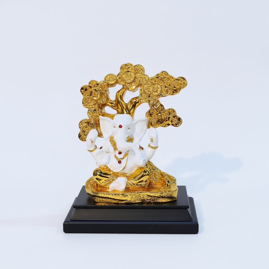 White & Gold Ganesha Statue with Lucky Coin Money Tree
