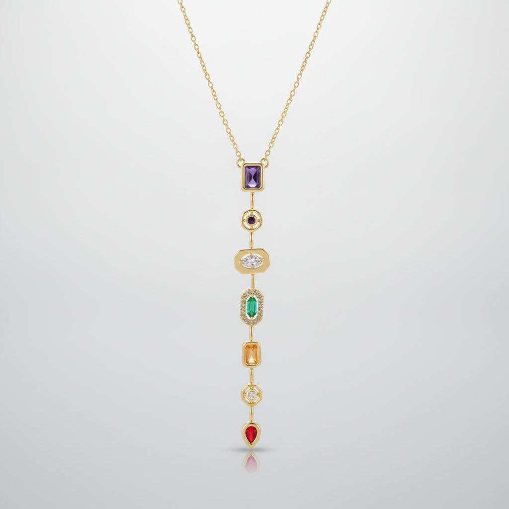 Gold-Tone Multi-Gemstone Linear Drop Pendant Necklace