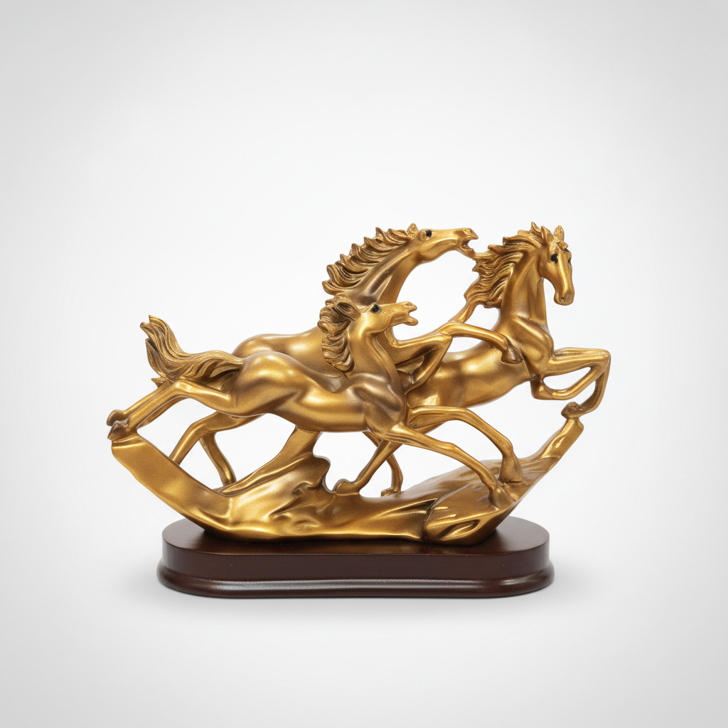 Gold Running Horses Figurine 5.3" | Trio Stallion Sculpture