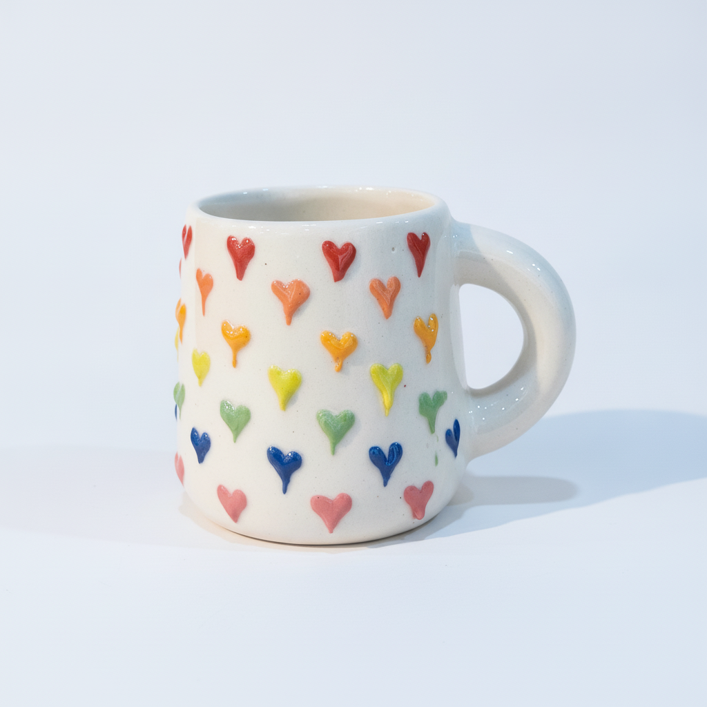 Rainbow Heart Ceramic Mug | Handmade Pottery Coffee Cup