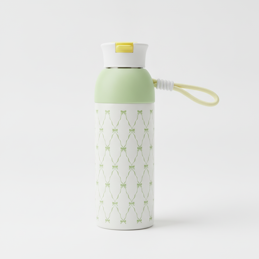 Cute Bow Pattern Insulated Water Bottle with Carry Strap