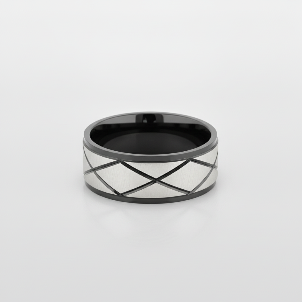 Men's Two-Tone Black & Silver Diamond Pattern Band Ring