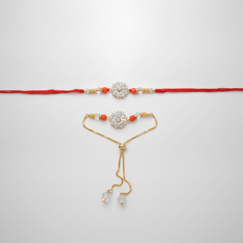 Bhaiya Bhabhi Rakhi Set – Crystal Floral Duo Bracelet