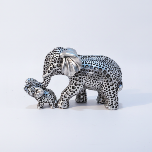 Silver Mother & Baby Elephant Figurine Set – Lattice Design