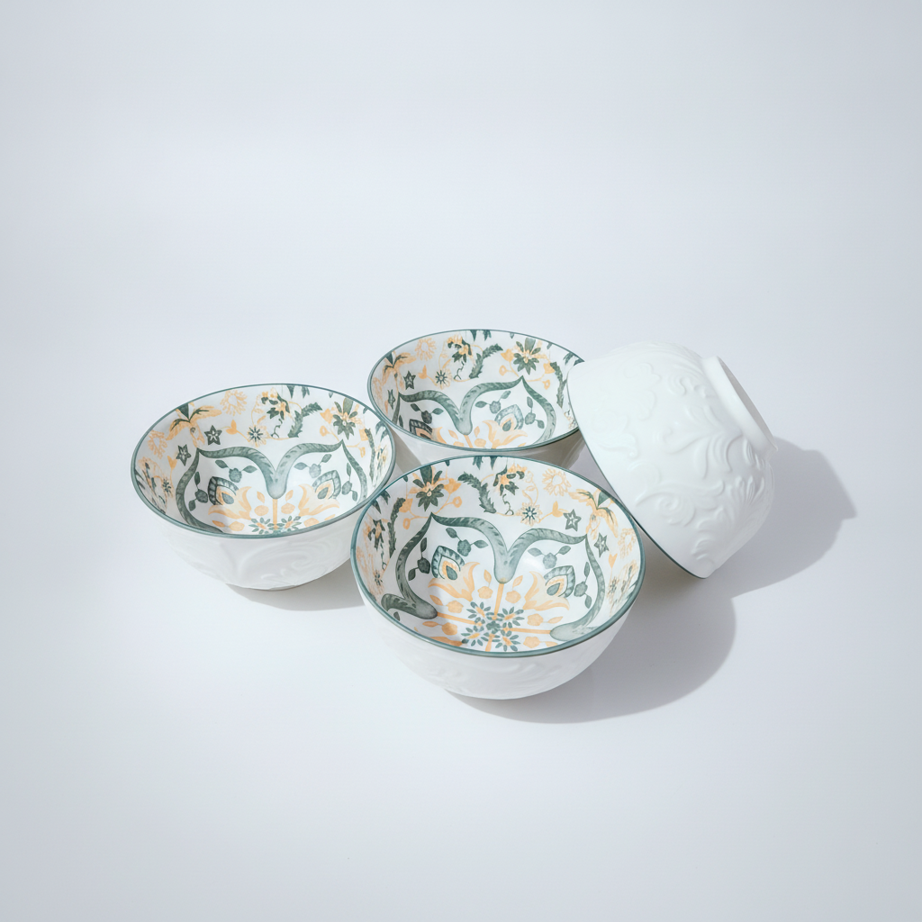 Handcrafted Ceramic Bowl Set – Floral Mosaic Design (Set of 3)