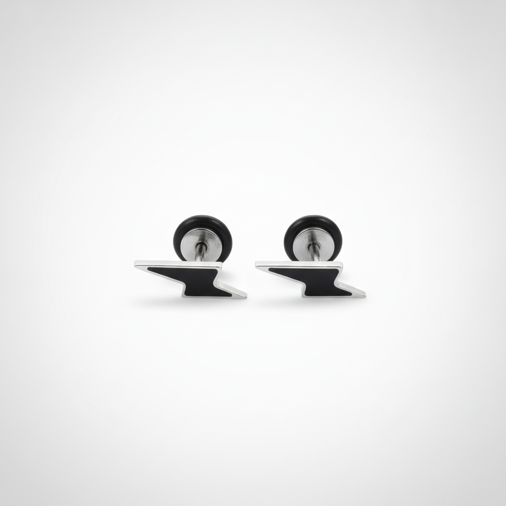Men's Anvil & Lightning Bolt Stud Earrings – Black & Silver