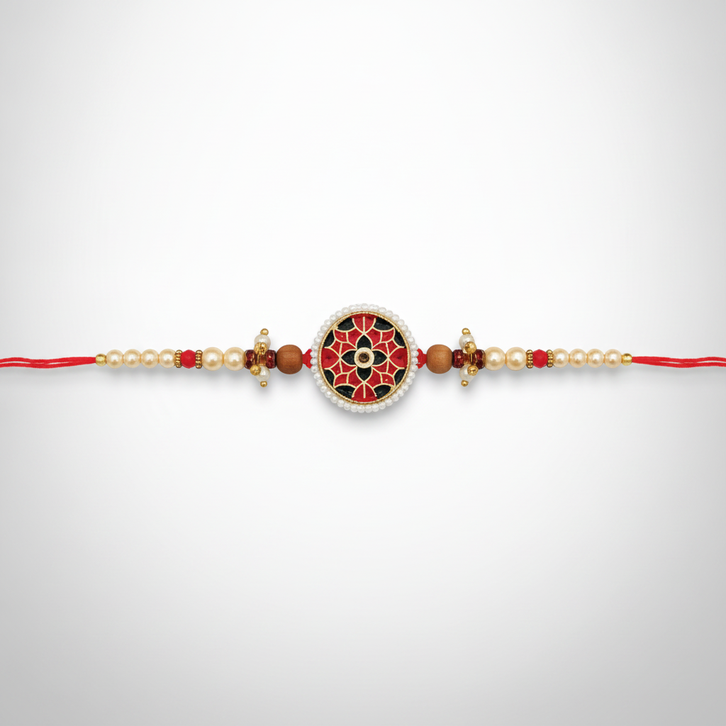 Handcrafted Meenakari Rakhi with Pearl & Red Bead String
