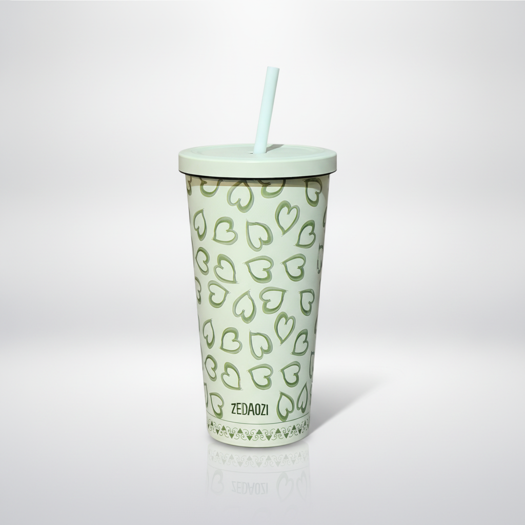 ZEDAOZI Heart Print Insulated Tumbler with Straw 590ml