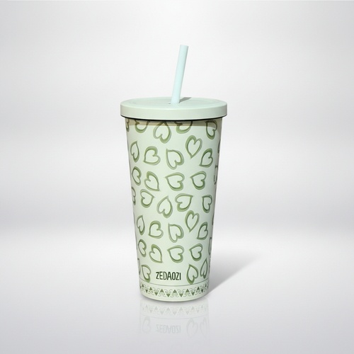 ZEDAOZI Heart Print Insulated Tumbler with Straw 590ml