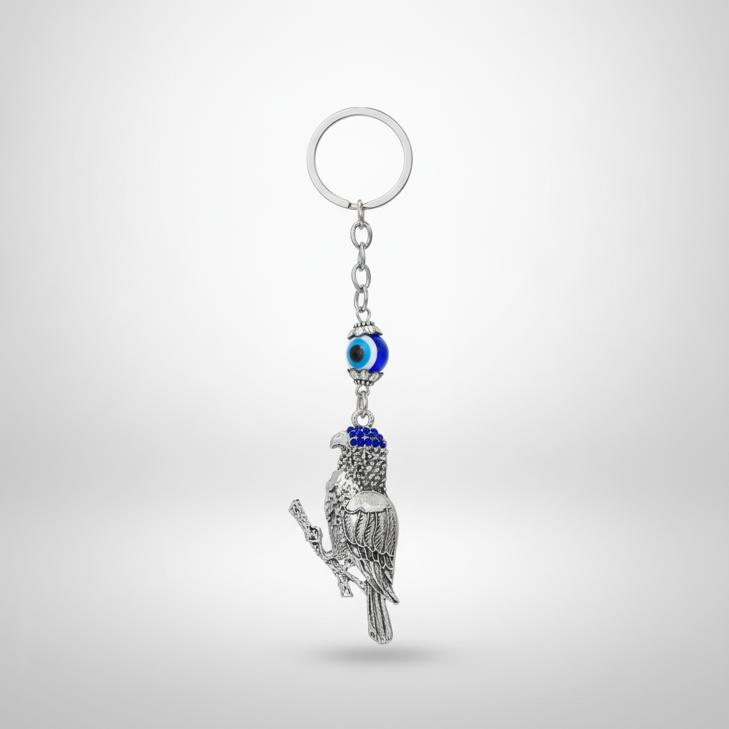 Silver Eagle Keychain with Blue Rhinestone & Glass Bead