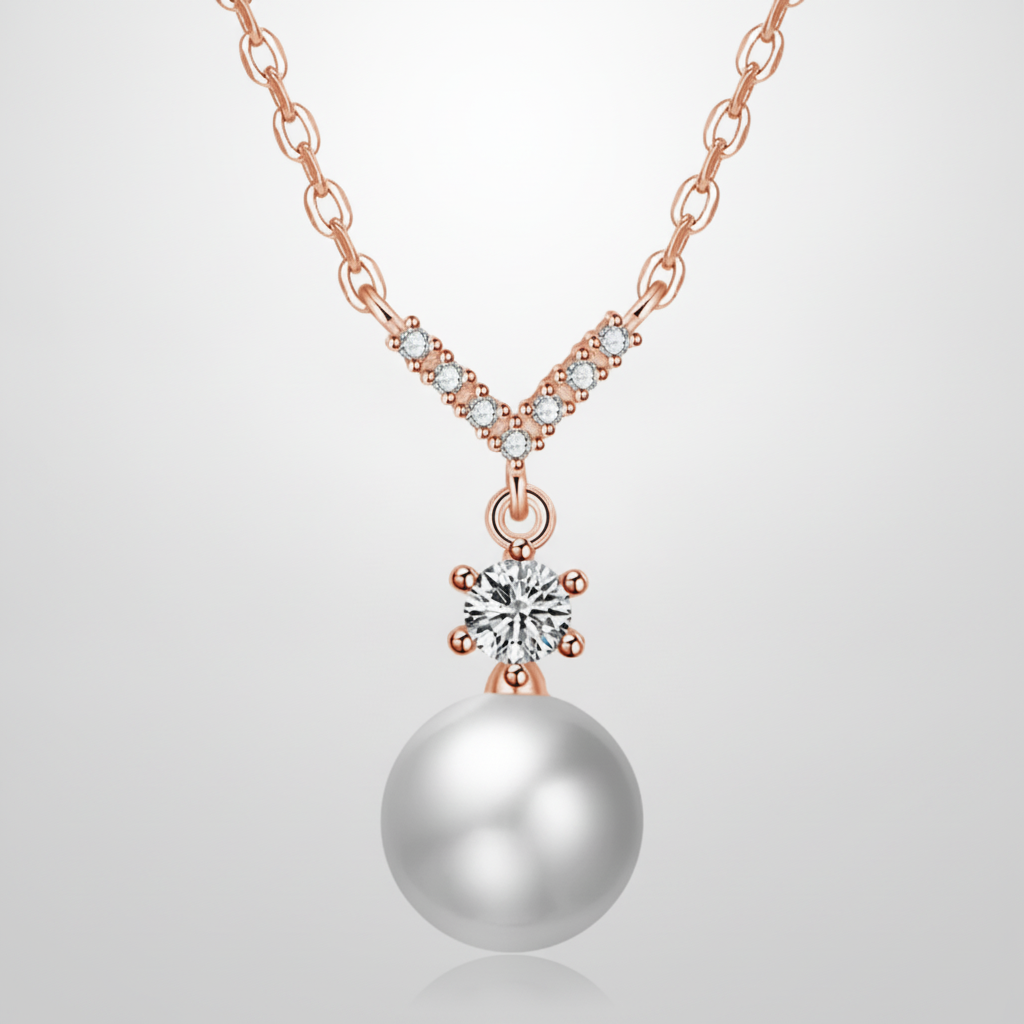 Rose Gold Pearl & Crystal V-Bar Pendant Necklace