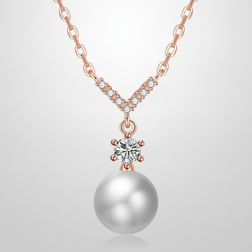 Rose Gold Pearl & Crystal V-Bar Pendant Necklace