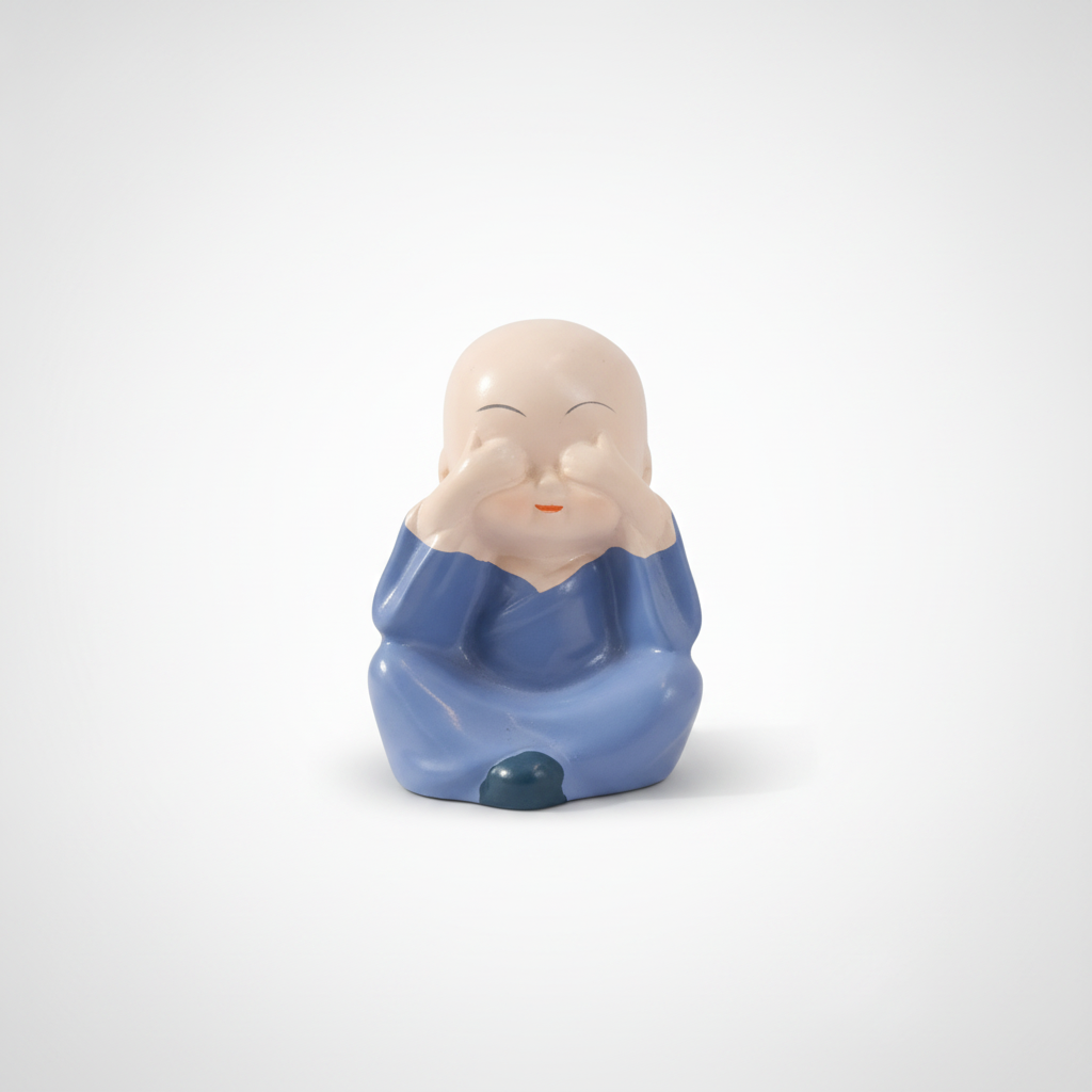 Ceramic Baby Monk Figurine – See No Evil Pose, Blue Robe