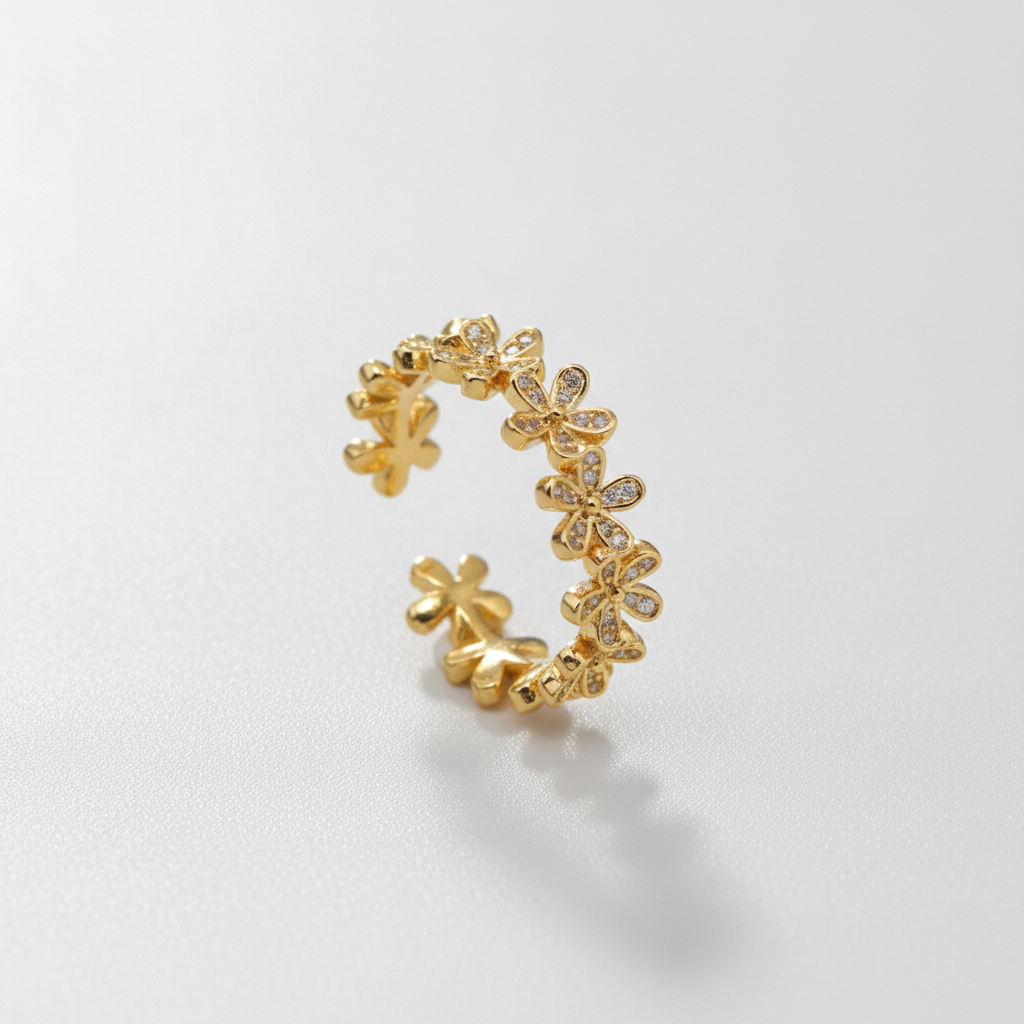 Gold Flower Eternity Ring with Crystal Accents