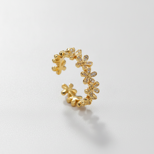 Gold Flower Eternity Ring with Crystal Accents