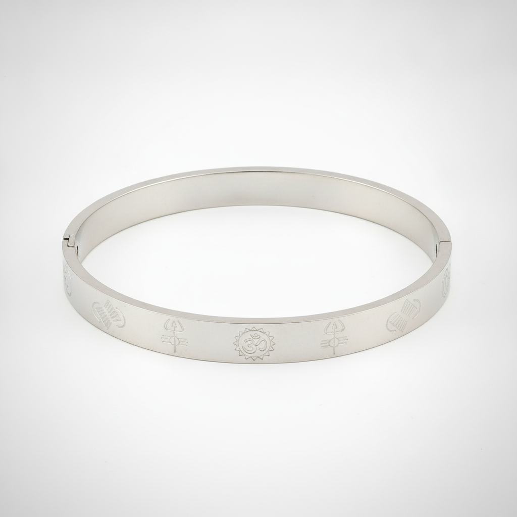 Men's Silver Om Symbol Hindu Spiritual Bangle Bracelet