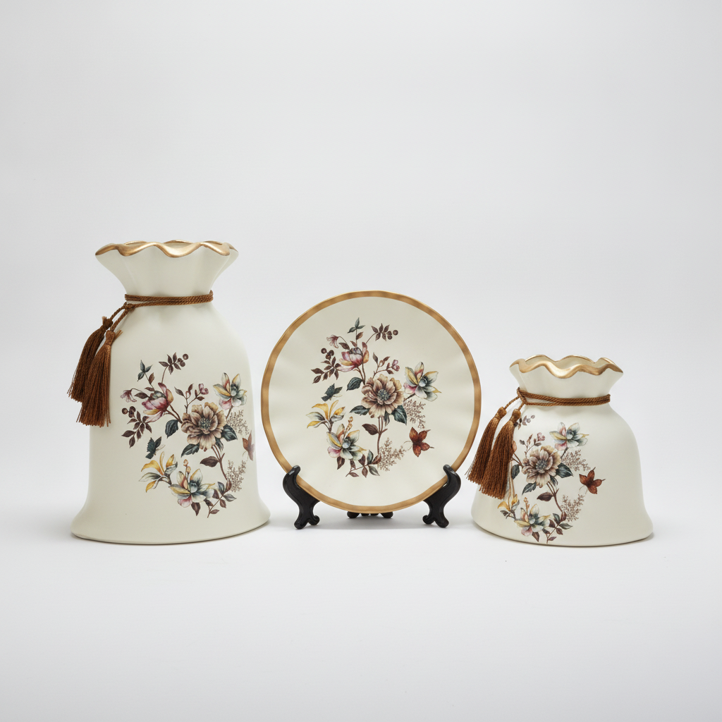 Elegant Floral Ceramic Vase & Decorative Plate Set (3-Piece)
