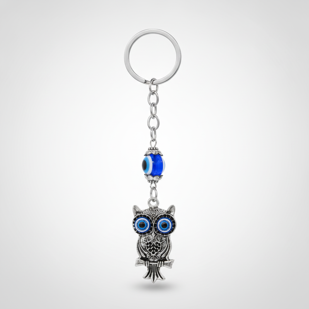 Evil Eye Owl Keychain Silver Charm with Blue Nazar Bead
