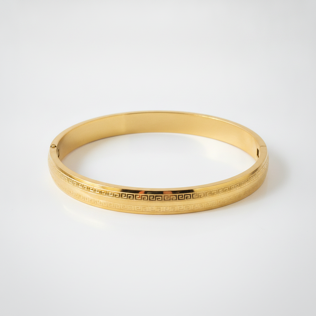Men's Gold-Tone Bangle Bracelet with Greek Key Pattern