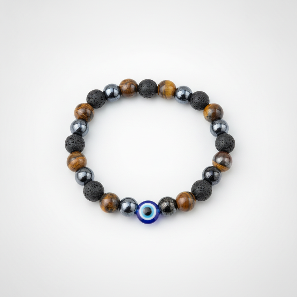 Evil Eye Tiger's Eye & Lava Stone Stretch Bracelet