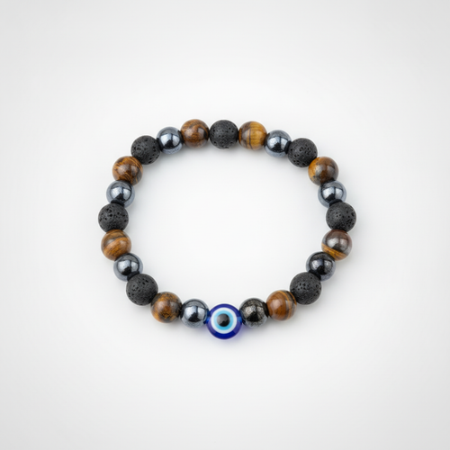 Evil Eye Tiger's Eye & Lava Stone Stretch Bracelet