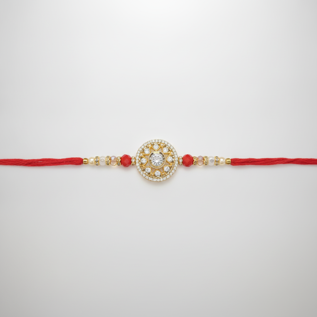 Elegant Crystal & Pearl Rakhi with Gold Mandala Charm