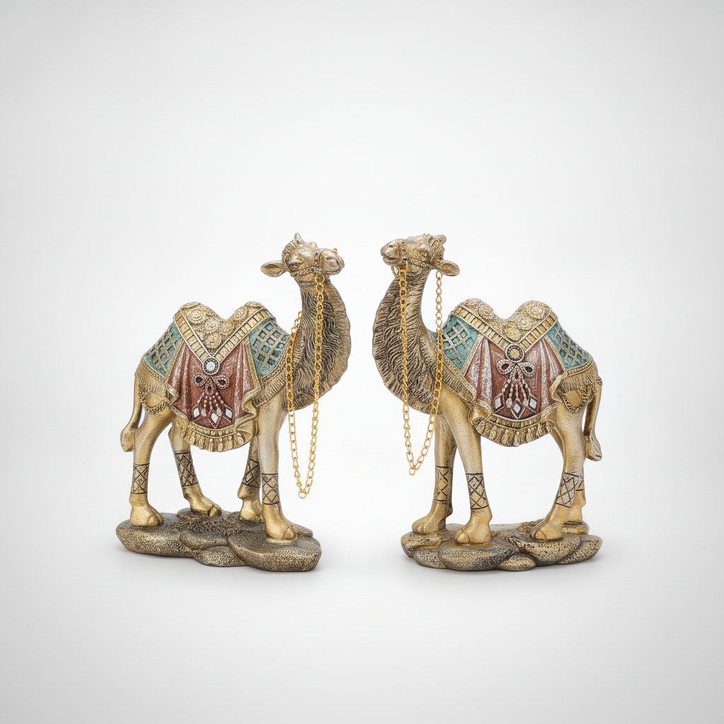Decorative Camel Figurine Pair – Gold & Jeweled Resin Statues