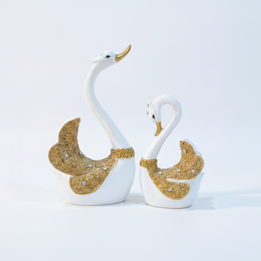 Elegant Gold & White Swan Couple Figurine Set – 10.5"
