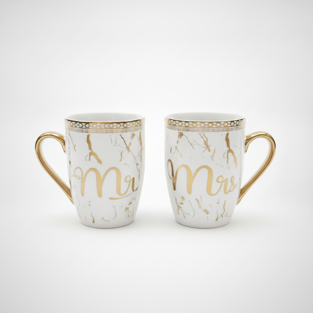 Mr & Mrs Marble Ceramic Couple Mug Set – Gold Accent