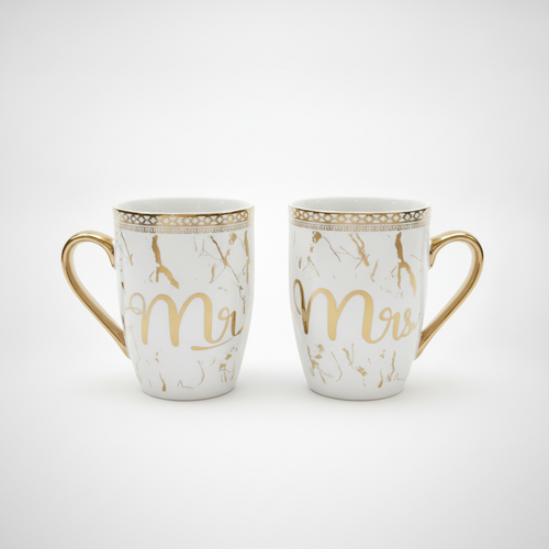 Mr & Mrs Marble Ceramic Couple Mug Set – Gold Accent