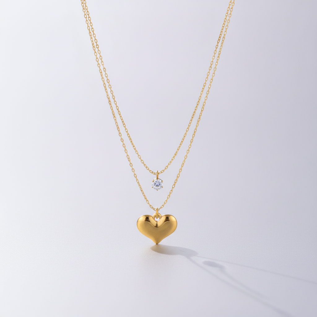 Gold Layered Heart & Crystal Pendant Necklace