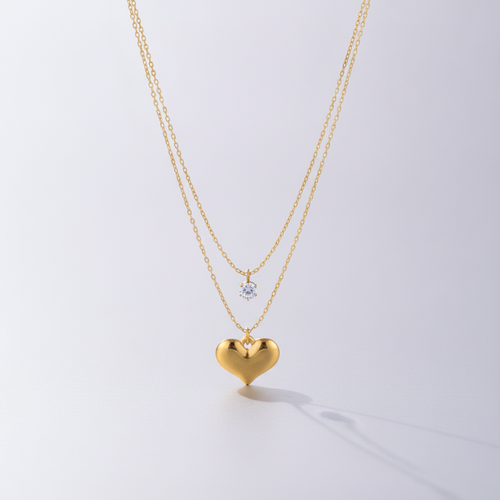 Gold Layered Heart & Crystal Pendant Necklace