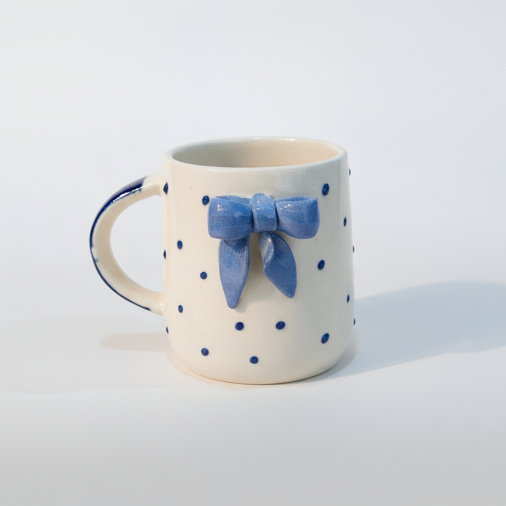 Handmade Ceramic Mug with Blue Bow & Polka Dots